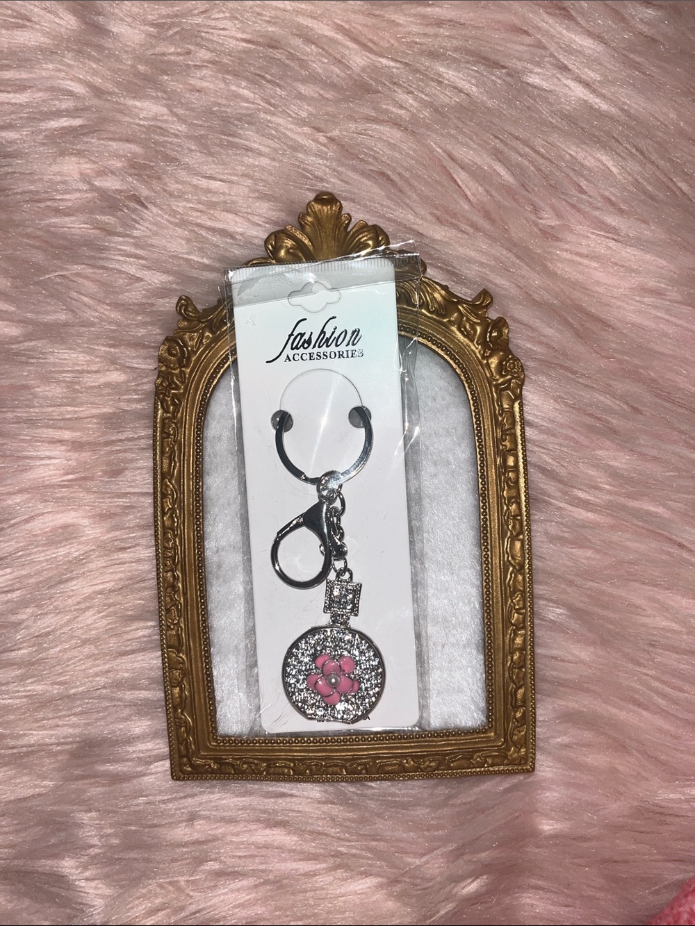 Fashion Accessories Silver Keychain with Pink Flower Charm